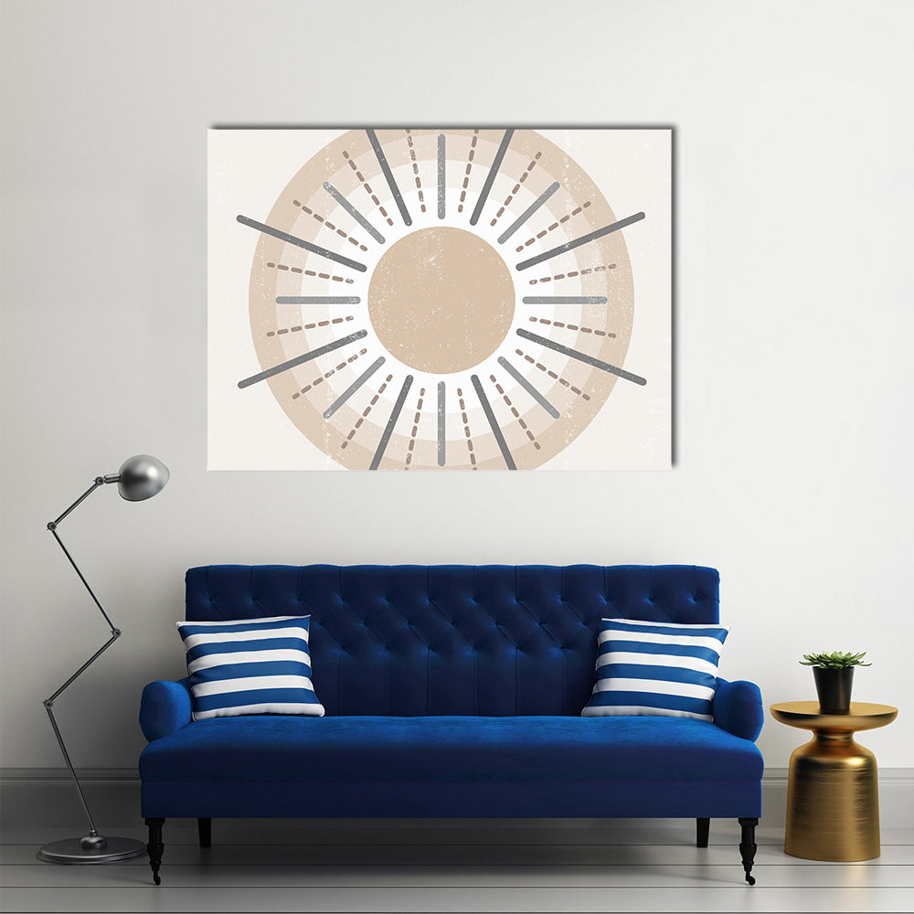 Minimalist Boho Sun Print Canvas Wall Art in white, gray and beige, single panel hung on a wall