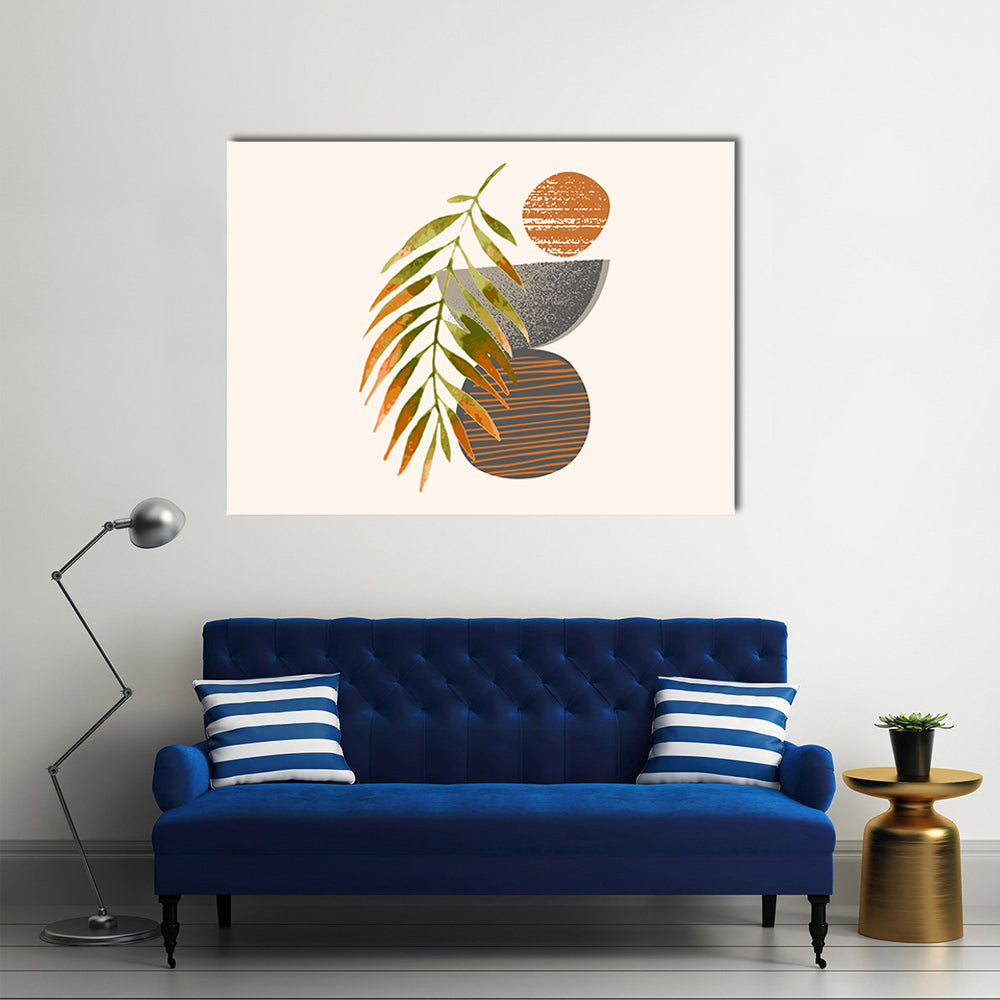 Tropical Palm Leaf with Textured Orange Circle Canvas Wall Art in beige, orange and green, single panel hung on a wall