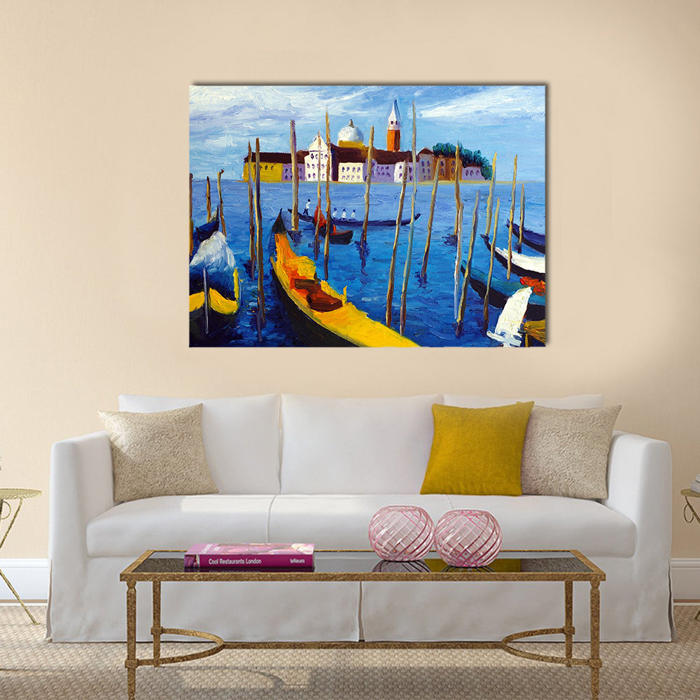 Venetian Gondolas Oil Painting Canvas Wall Art in white, yellow and blue, single panel hung on a wall