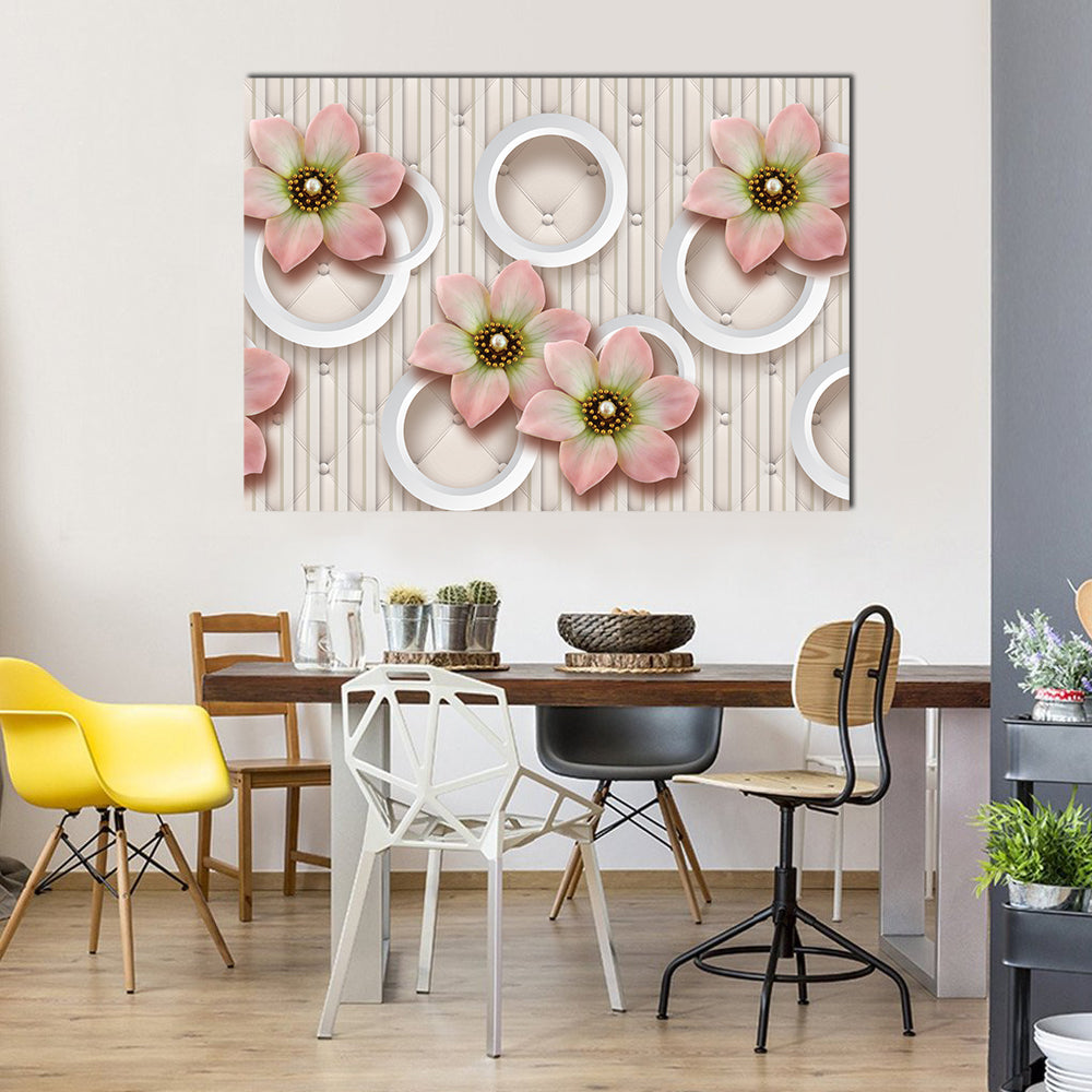 3d Pink Floral with Pearl-centered Blooms Canvas Wall Art in white, beige and pink, single panel hung on a wall