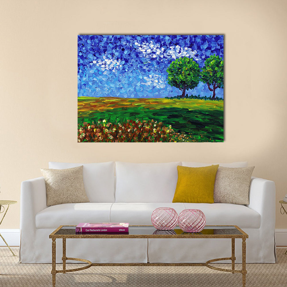 Green Meadow Abstract Landscape Canvas Wall Art in yellow, green and blue, single panel hung on a wall
