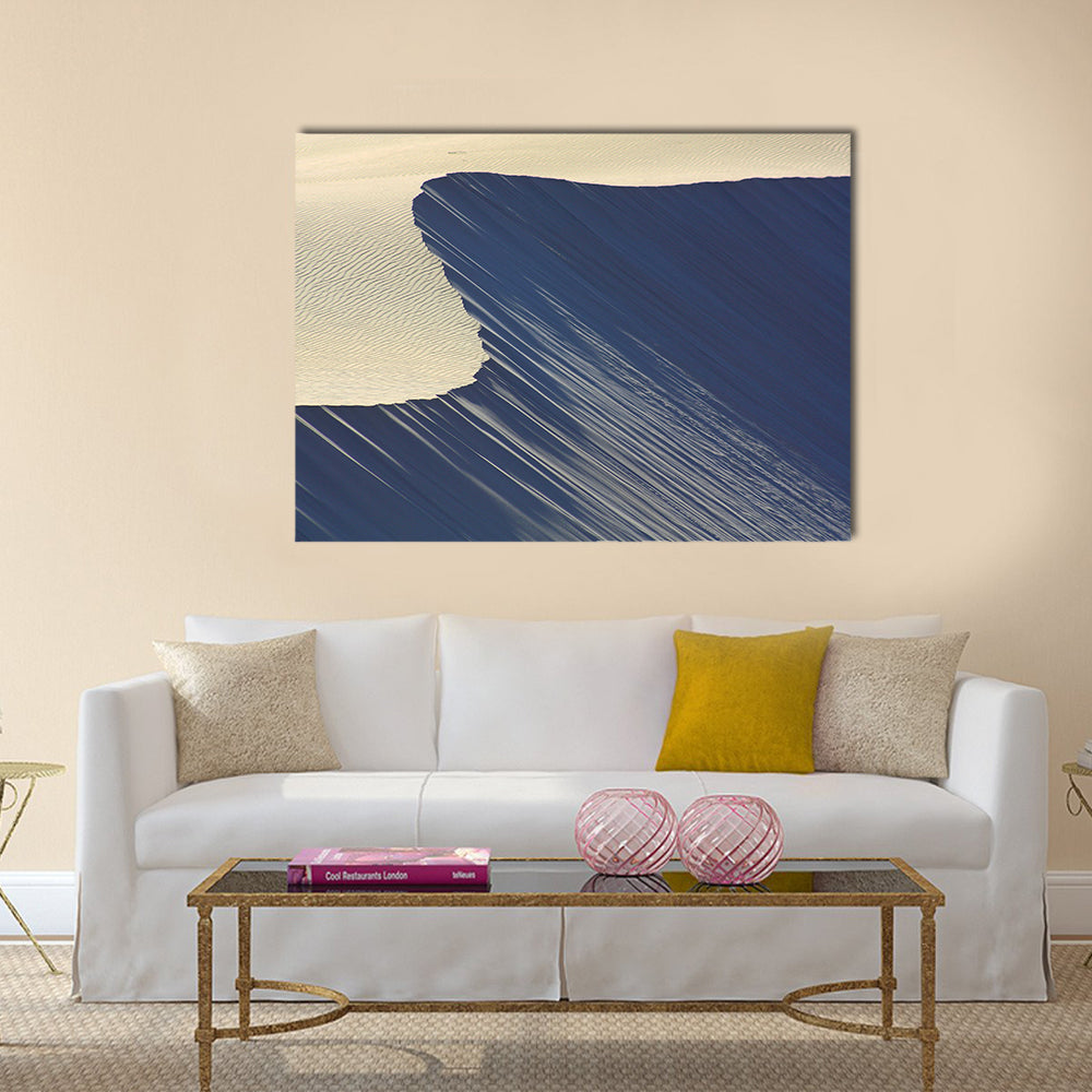 Dune Patterns At Maitlands Beach Canvas Wall Art in white, beige and blue, single panel hung on a wall