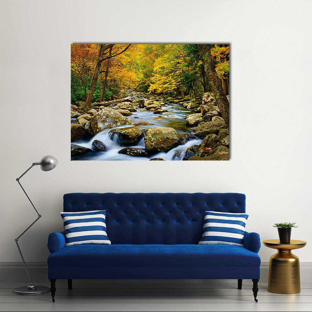 Rushing Stream in Great Smokey Mountains Canvas Wall Art in brown, yellow and green, single panel hung on a wall