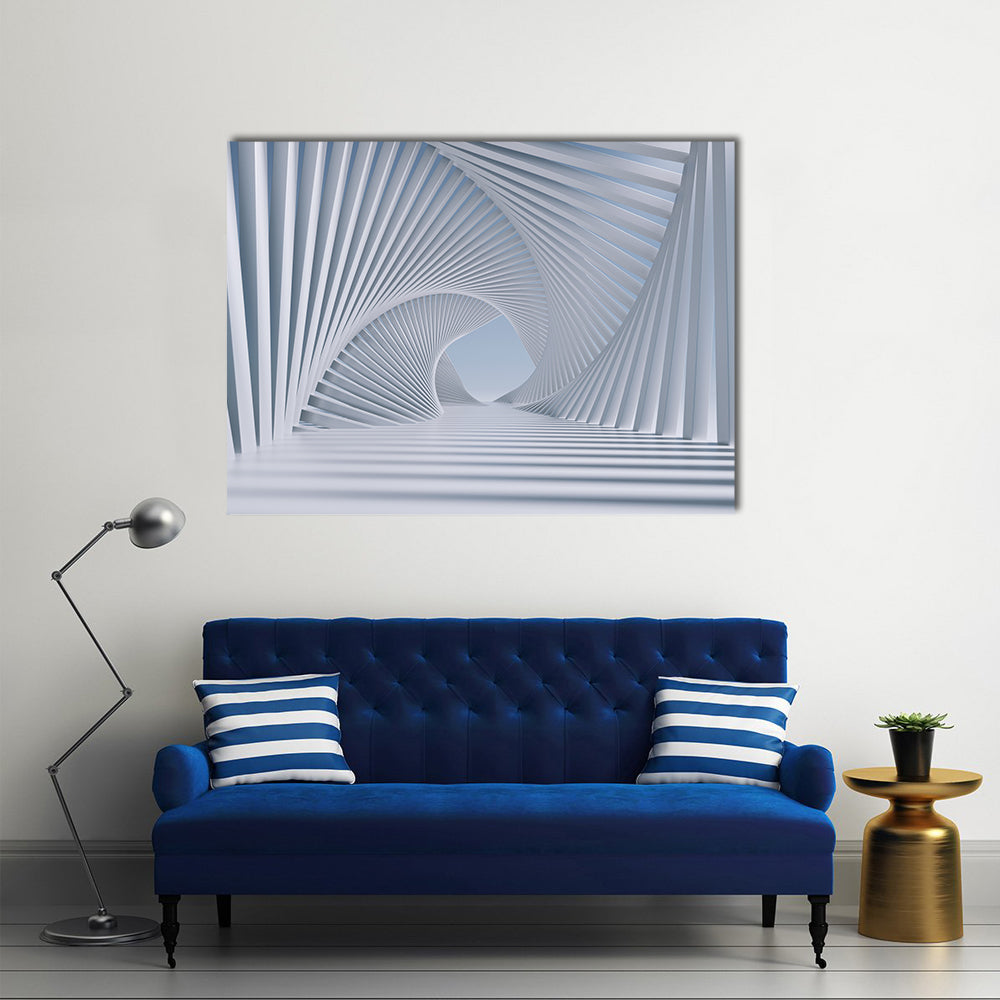 3d Spiral Tunnel Canvas Wall Art in white, gray and blue, single panel hung on a wall