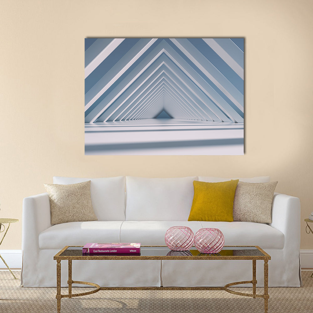 Triangular Tunnel Abstract Canvas Wall Art in white, gray and blue, single panel hung on a wall