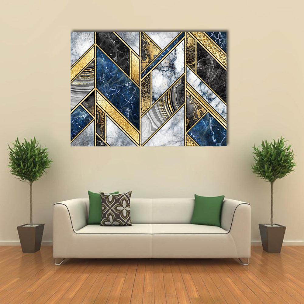Artificial Stone Texture Canvas Wall Art in gray, gold and blue, single panel hung on a wall