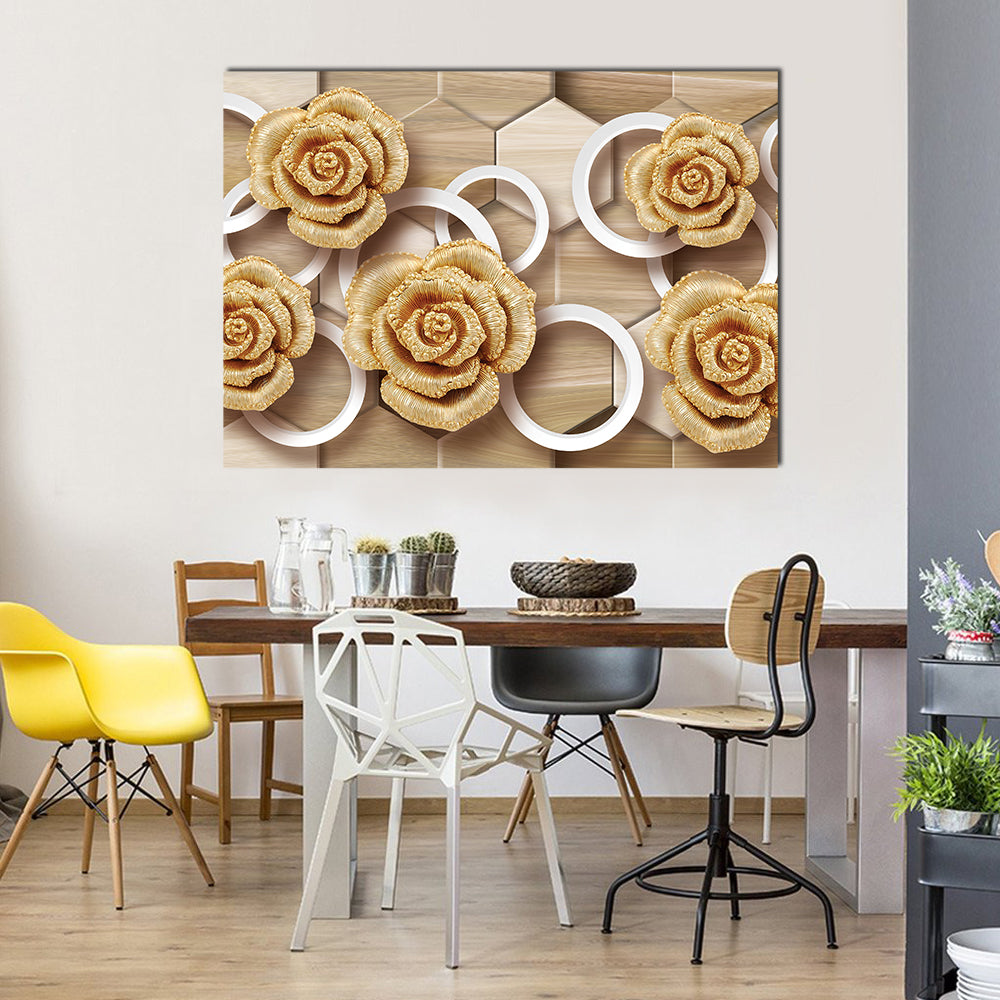 Golden Roses with Floating Rings and Hexagons Canvas Wall Art in white, beige and gold, single panel hung on a wall