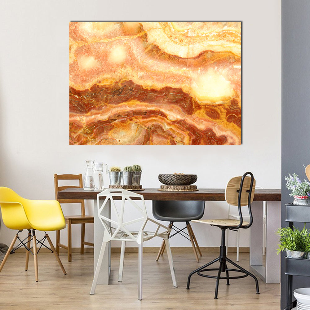 Amber Onyx Marble Layers Canvas Wall Art in brown, gold and orange, single panel hung on a wall
