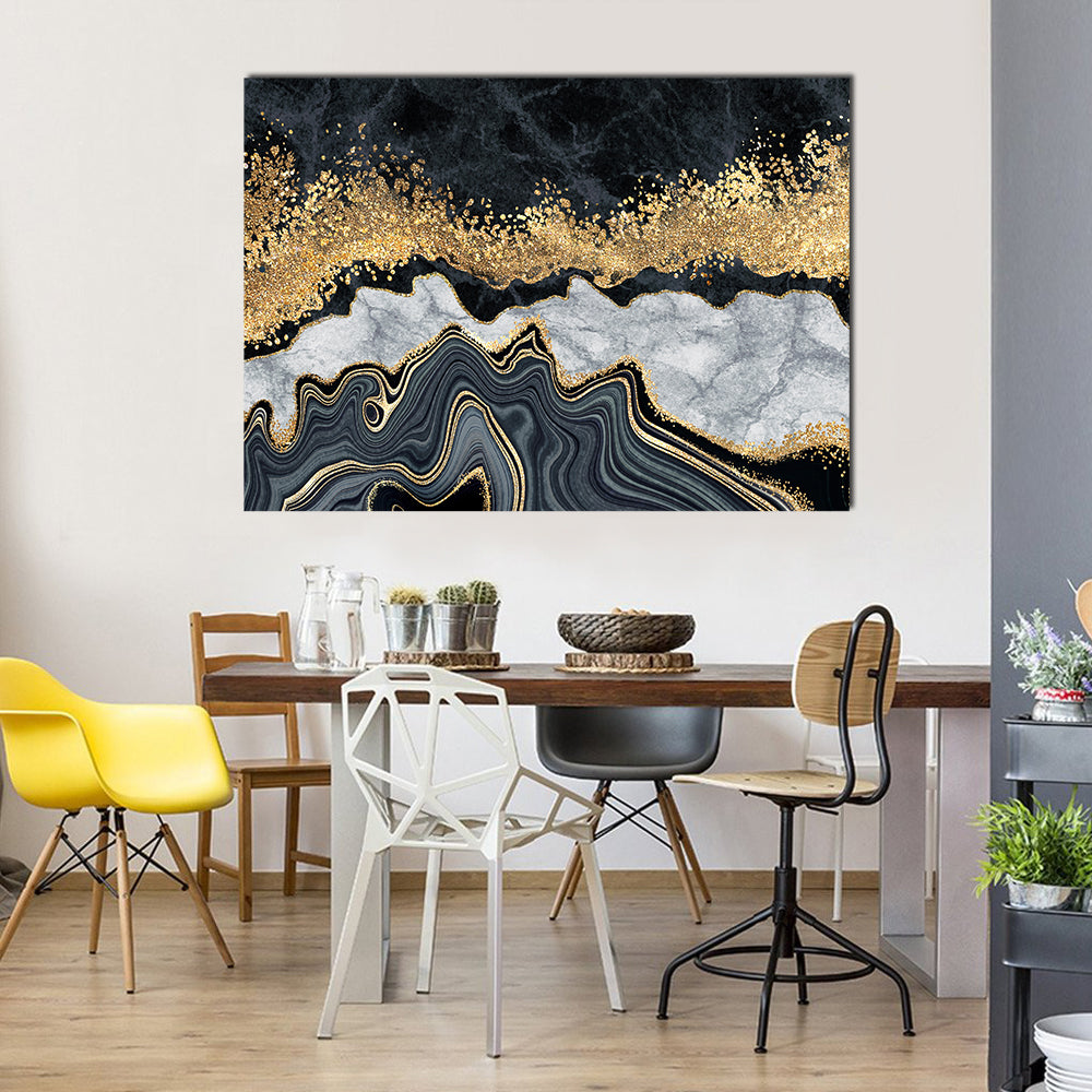 Gold-accented Black and White Marble Abstract Canvas Wall Art in black, gray and gold, single panel hung on a wall