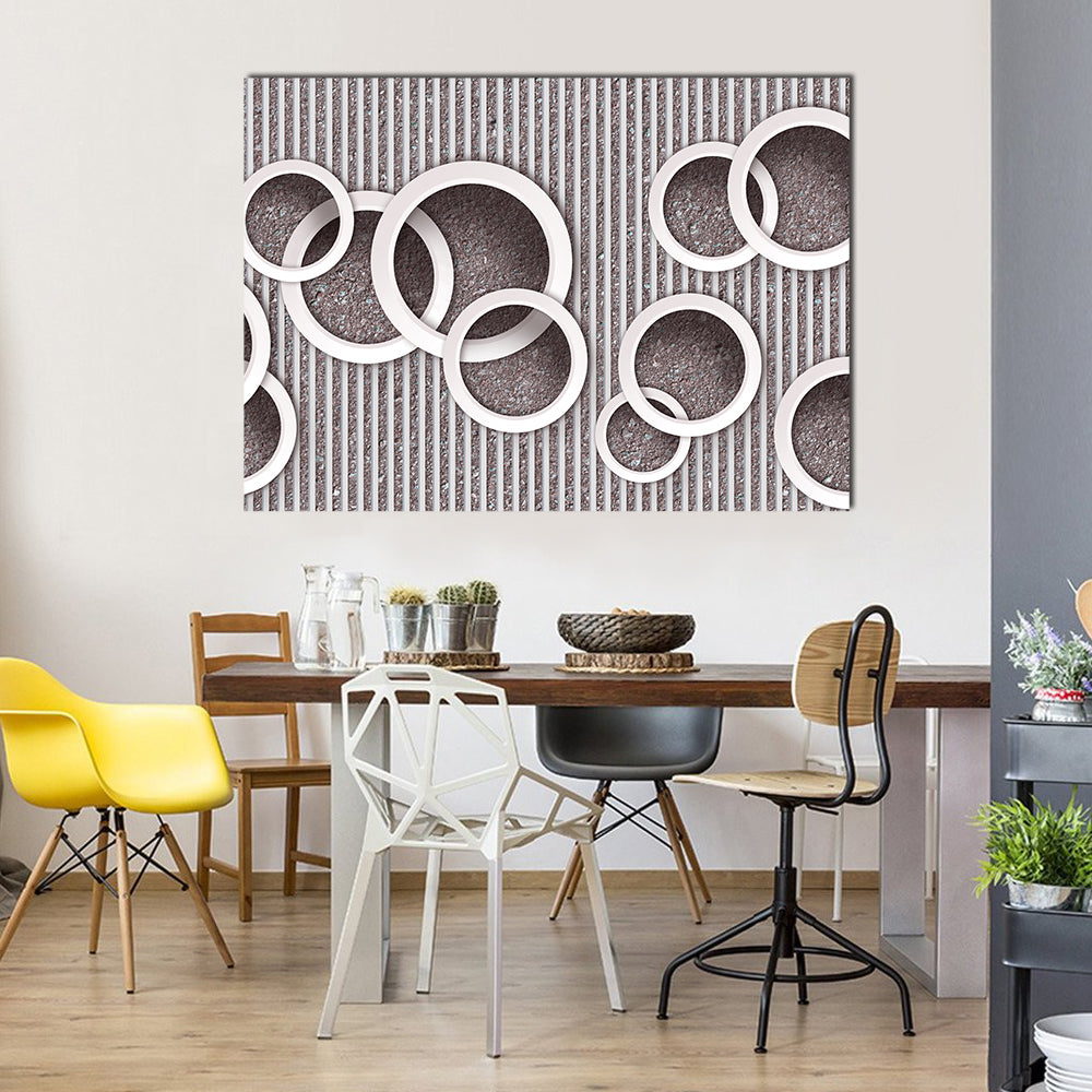 3d Interlocking Circles Illustration Canvas Wall Art in white, gray and brown, single panel hung on a wall