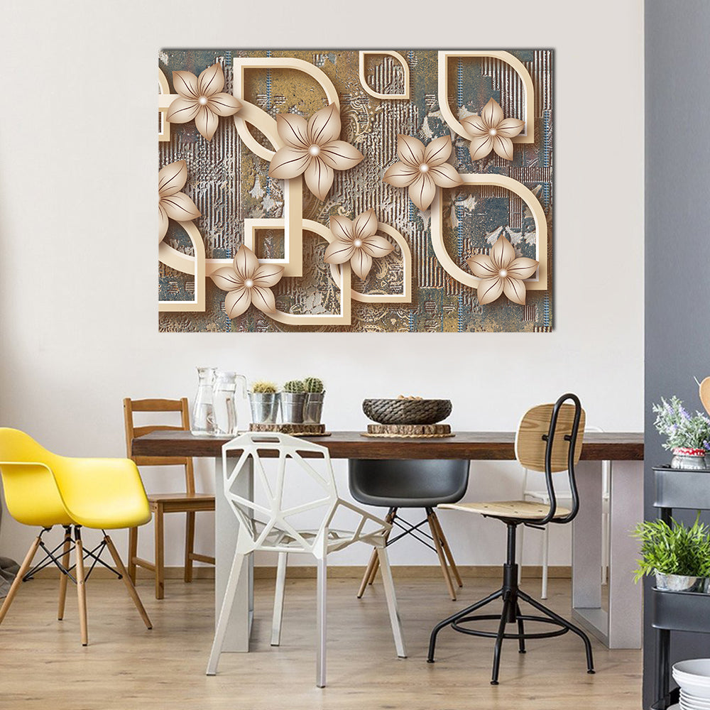 Gold Five-petal Floral Geometric Canvas Wall Art in beige, brown and gold, single panel hung on a wall