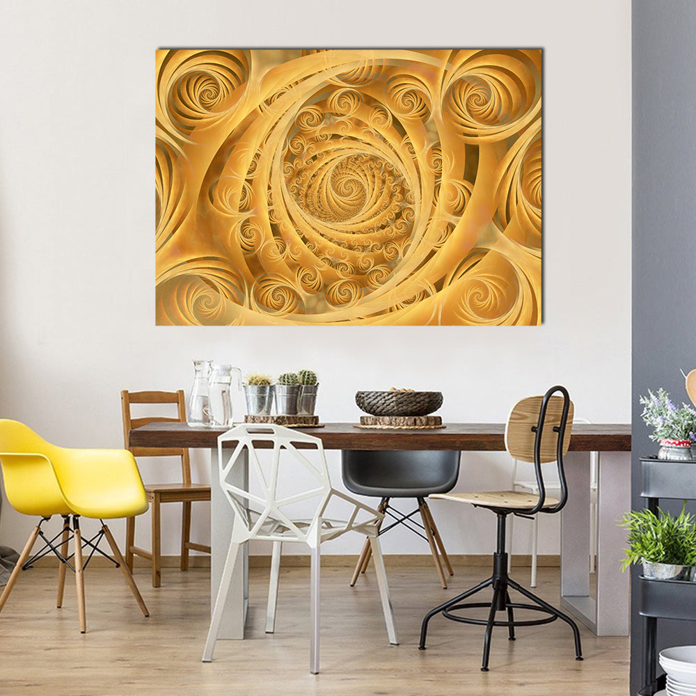 Wispy Gold Spiral Pattern Canvas Wall Art in gold and yellow, single panel hung on a wall