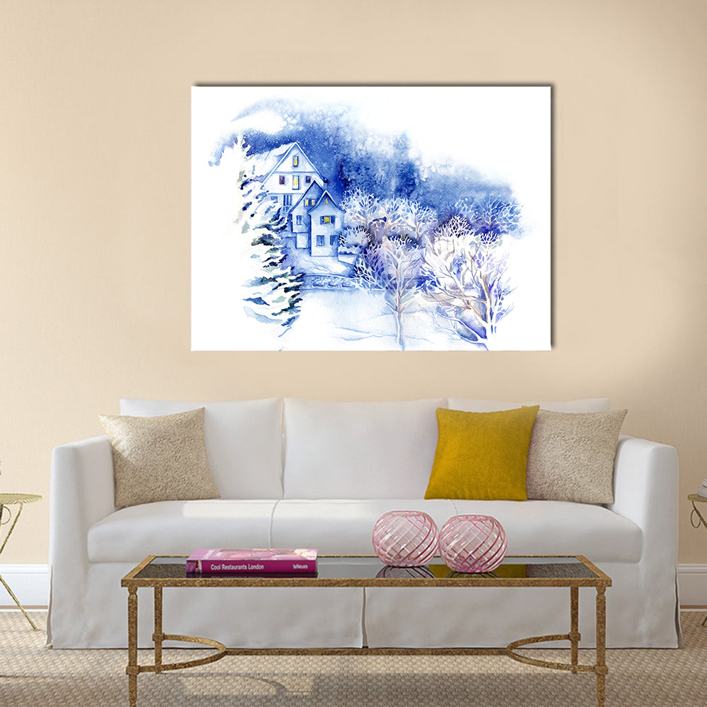 Snow-covered Houses Watercolor Landscape Canvas Wall Art in white and blue, single panel hung on a wall