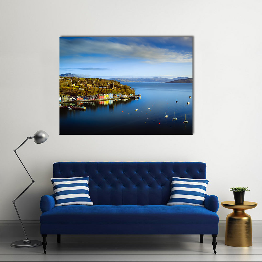 Tobermory Bay Harbor with Colorful Houses Canvas Wall Art in blue and multicolor, single panel hung on a wall