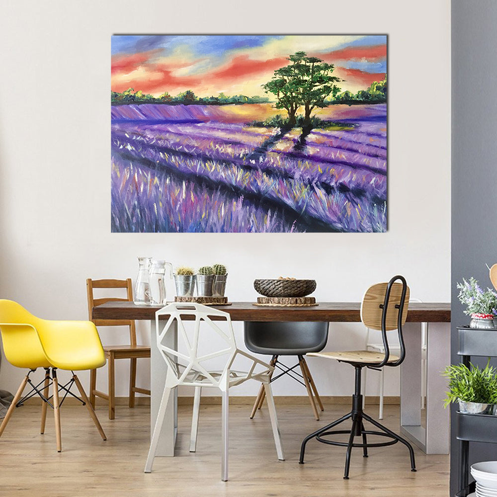 Lavender Field at Golden Sunset Canvas Wall Art in orange, yellow and purple, single panel hung on a wall