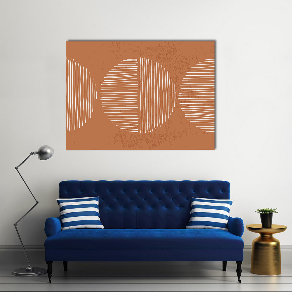 Minimalist Terracotta Geometric Circles Canvas Wall Art in white and orange, single panel hung on a wall