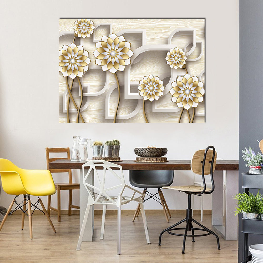 3d Gold and White Floral Illustration Canvas Wall Art in white, beige and gold, single panel hung on a wall