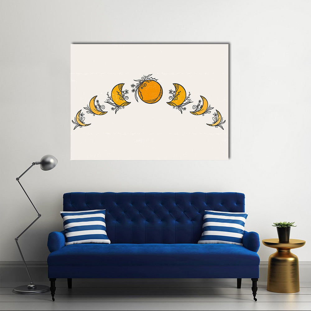 Minimalist Moon Phases with Citrus Moon Canvas Wall Art in beige, orange and yellow, single panel hung on a wall