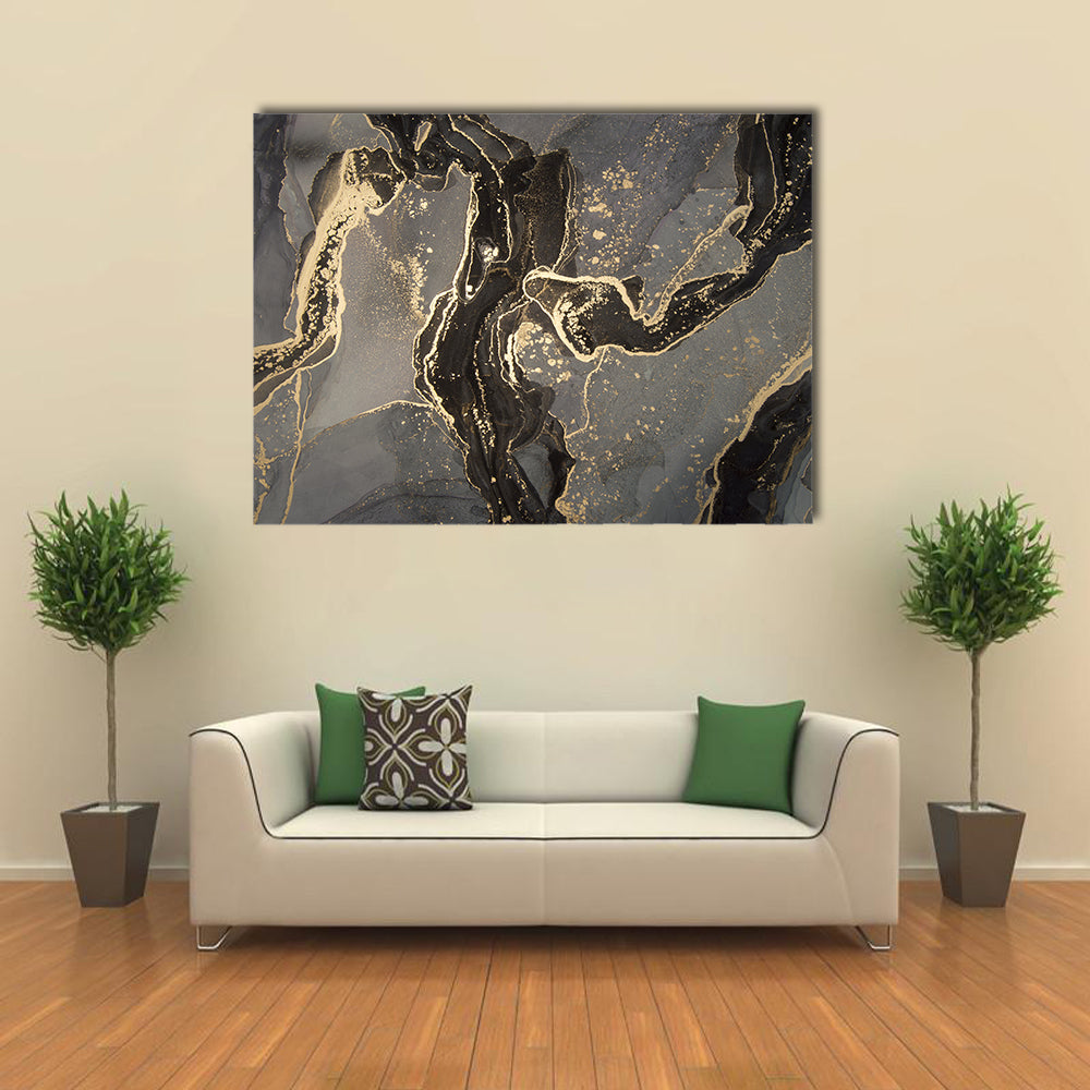 Luxury Fluid Abstract Canvas Wall Art in black, gray and gold, single panel hung on a wall
