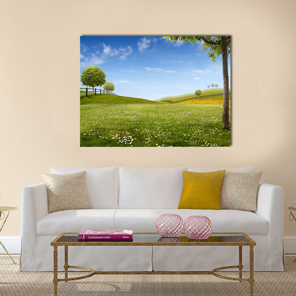 Summer Green Fields with Daisies Canvas Wall Art in white, green and blue, single panel hung on a wall
