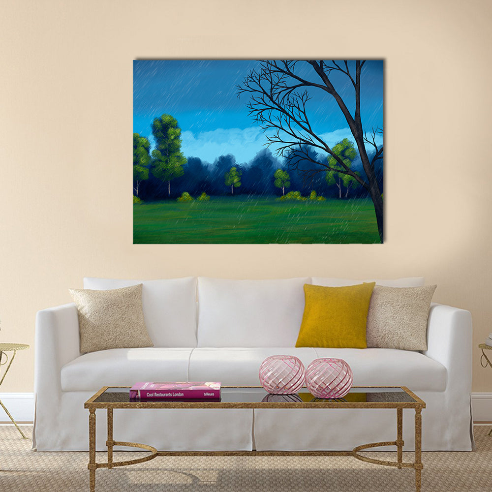Rainy Green Field with Bare-branched Tree Canvas Wall Art in green and blue, single panel hung on a wall