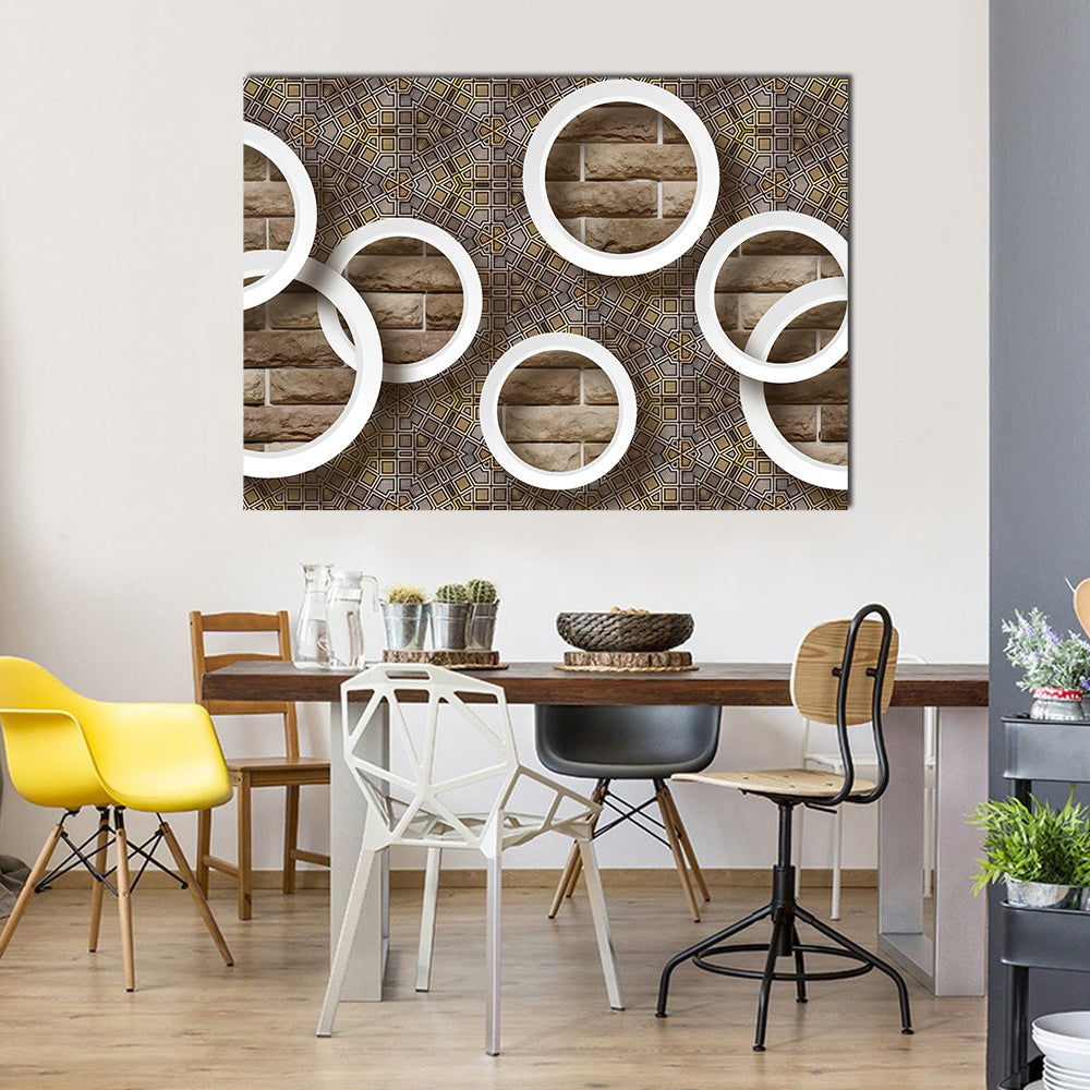 3d White Rings Over Brick Geometric Mural Canvas Wall Art in white, gray and brown, single panel hung on a wall
