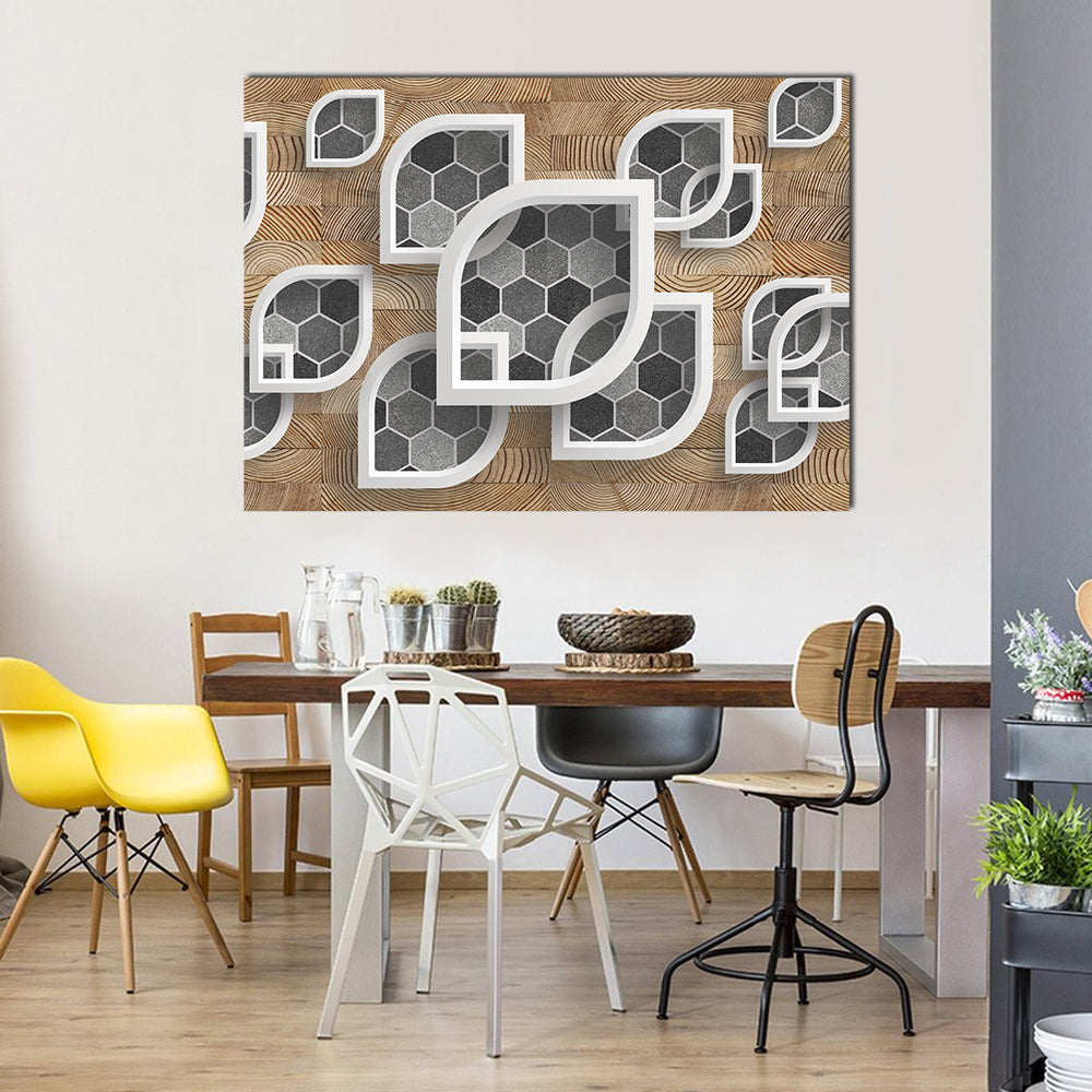 Layered Geometric Leaves with Wood Grain Canvas Wall Art in white, gray and brown, single panel hung on a wall
