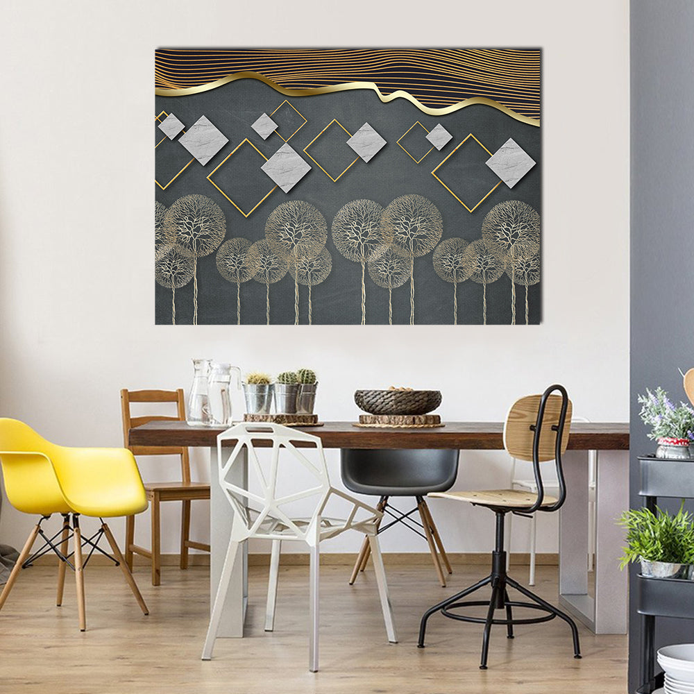 Geometric Trees with Gold Wave and Marble Diamonds Canvas Wall Art