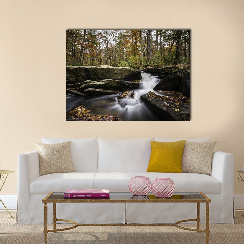 Cheaha Falls in Autumn Canvas Wall Art in gray, brown and green, single panel hung on a wall