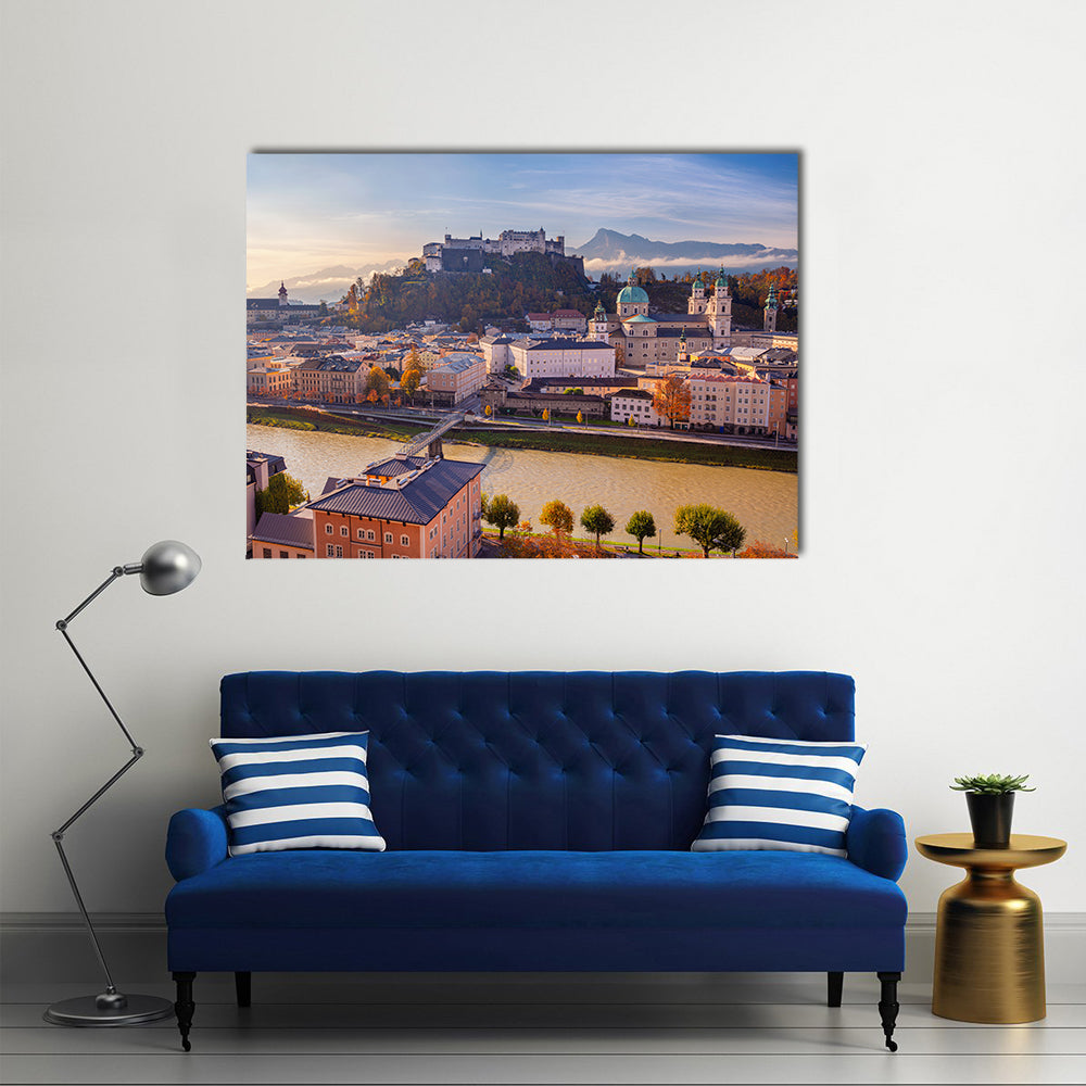 Salzburg Cityscape In Austria Canvas Wall Art in beige, orange and blue, single panel hung on a wall