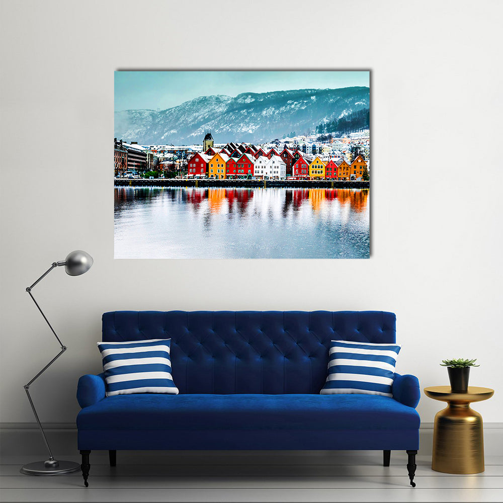Historical Buildings In Bergen Norway Canvas Wall Art in white, blue and multicolor, single panel hung on a wall