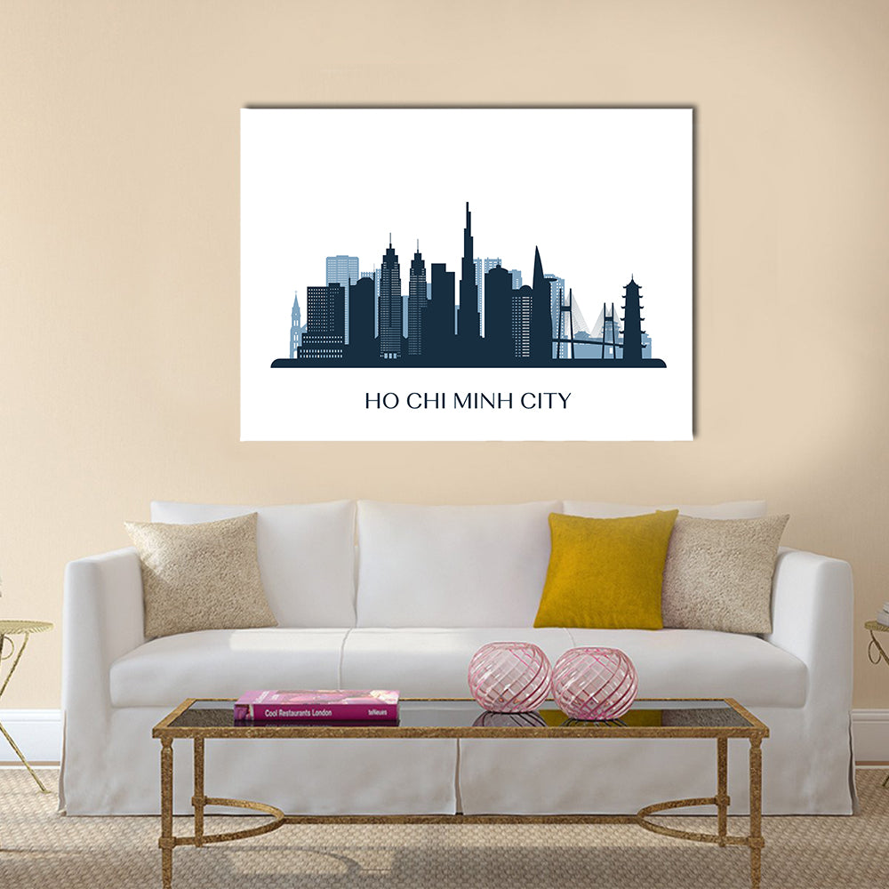 Ho Chi Minh City Skyline Canvas Wall Art in white, blue and navy, single panel hung on a wall