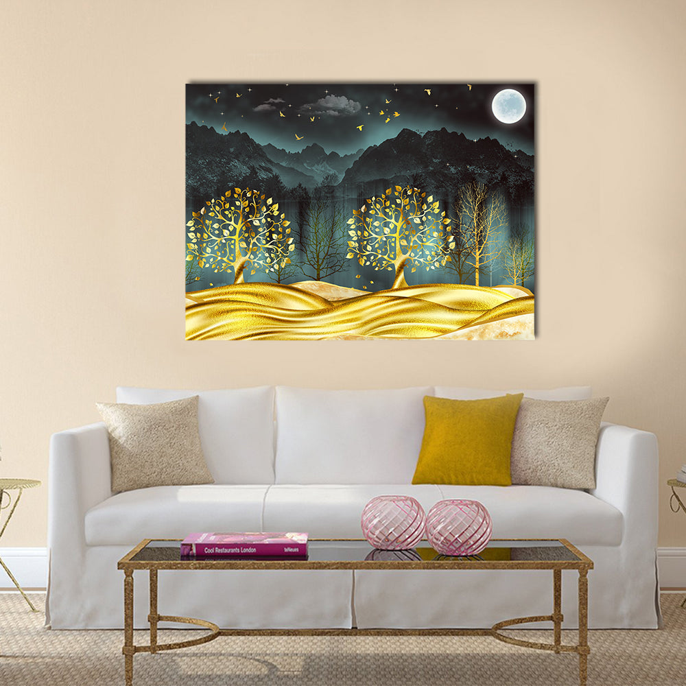 Moonlit Golden Trees Abstract Landscape Canvas Wall Art in black, gold and blue, single panel hung on a wall