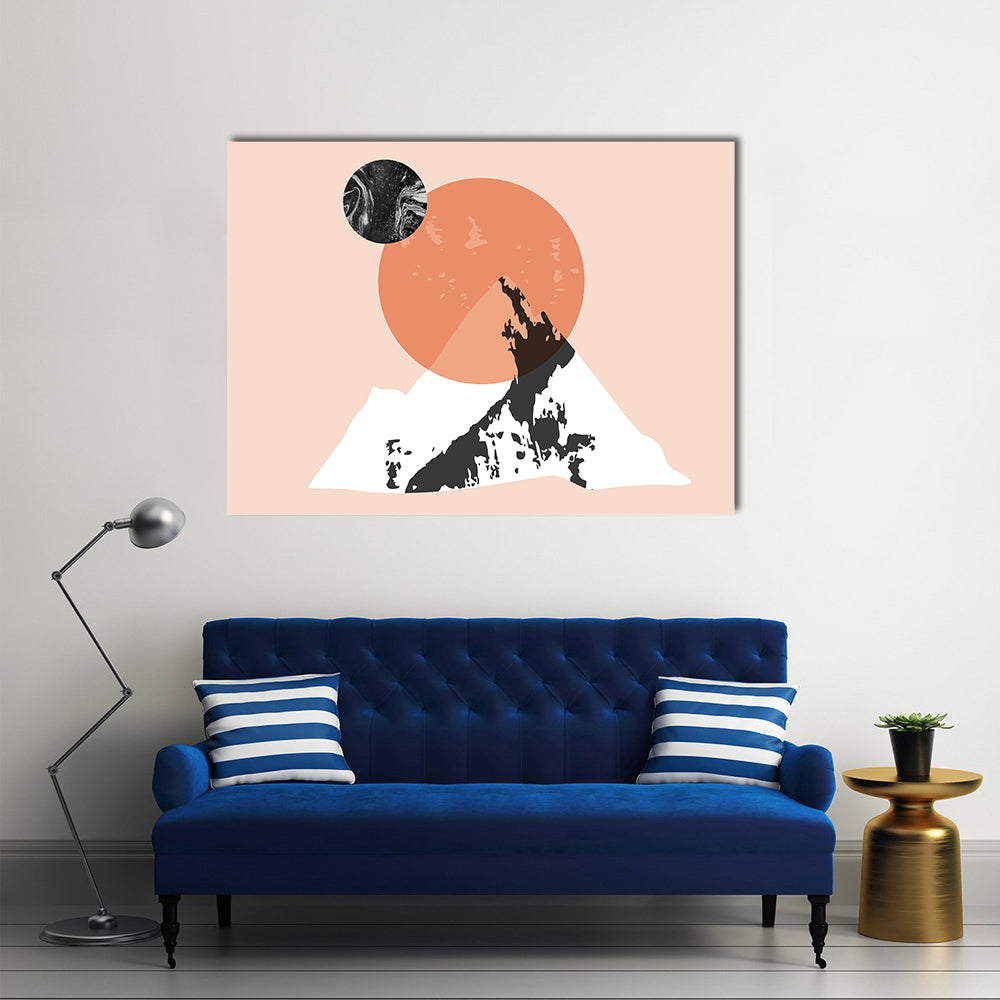 Sun and Moon Minimalist Mountain Landscape Canvas Wall Art in white, orange and pink, single panel hung on a wall