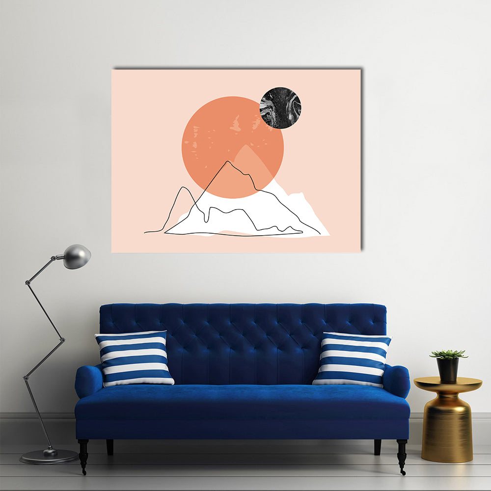Peach Mountain Minimalist Line Canvas Wall Art in black, orange and pink, single panel hung on a wall