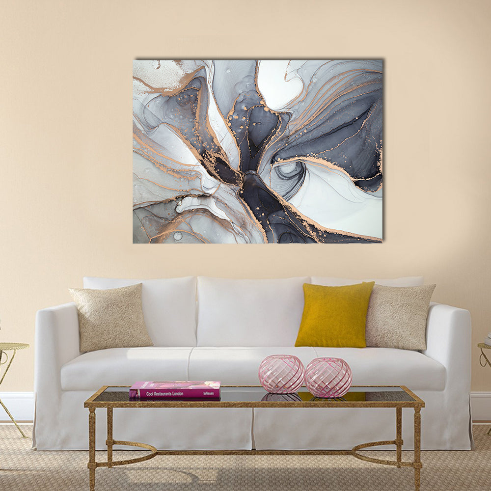Alcohol Ink Marble with Gold Accents Canvas Wall Art in white, gray and gold, single panel hung on a wall