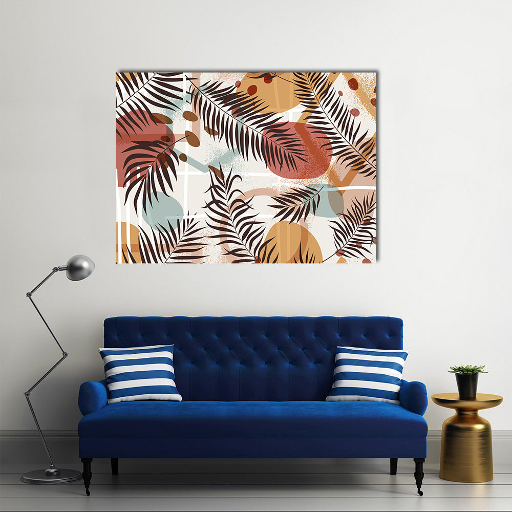 Terracotta Tropical Palm Fronds Pattern Canvas Wall Art in beige, brown and orange, single panel hung on a wall