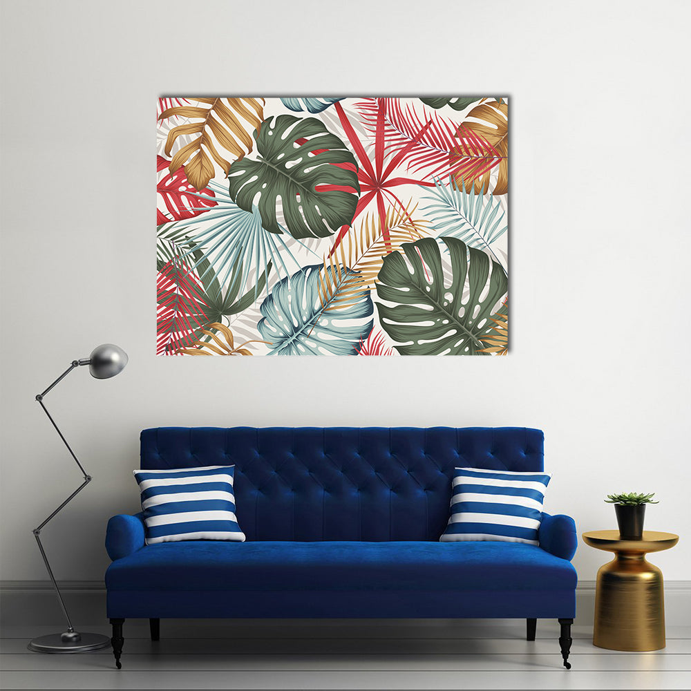 Seamless Colorful Monstera and Palm Leaves Canvas Wall Art