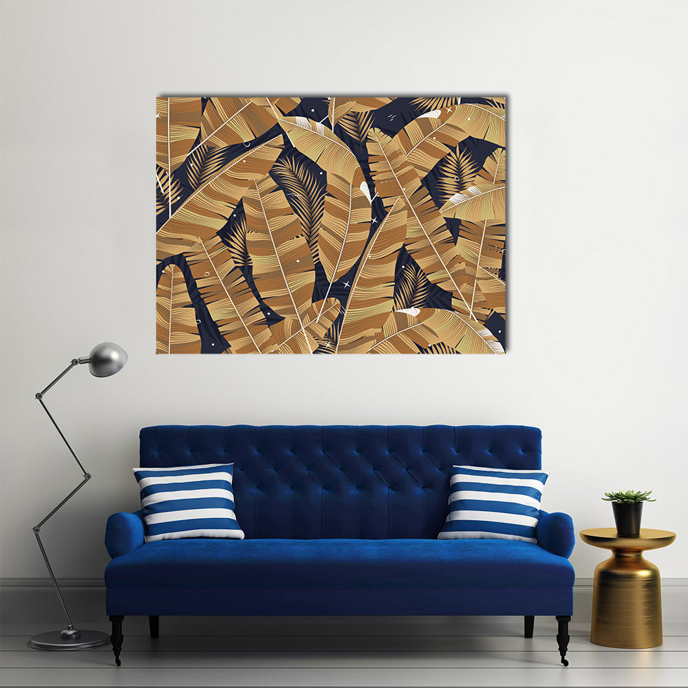 Banana Leaves Pattern in Navy and Gold Canvas Wall Art