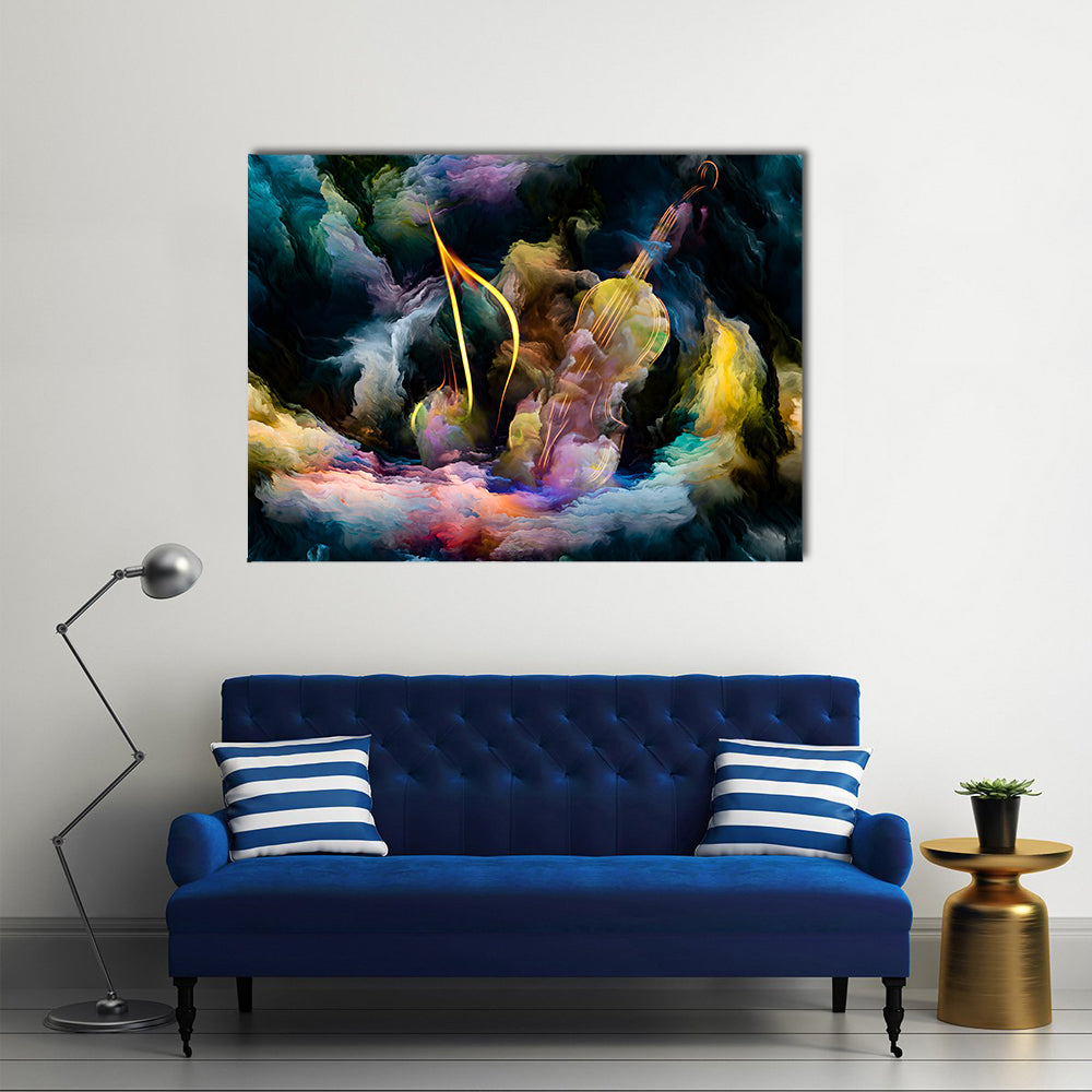 Golden Violin in Colorful Nebula Canvas Wall Art in gold, blue and multicolor, single panel hung on a wall