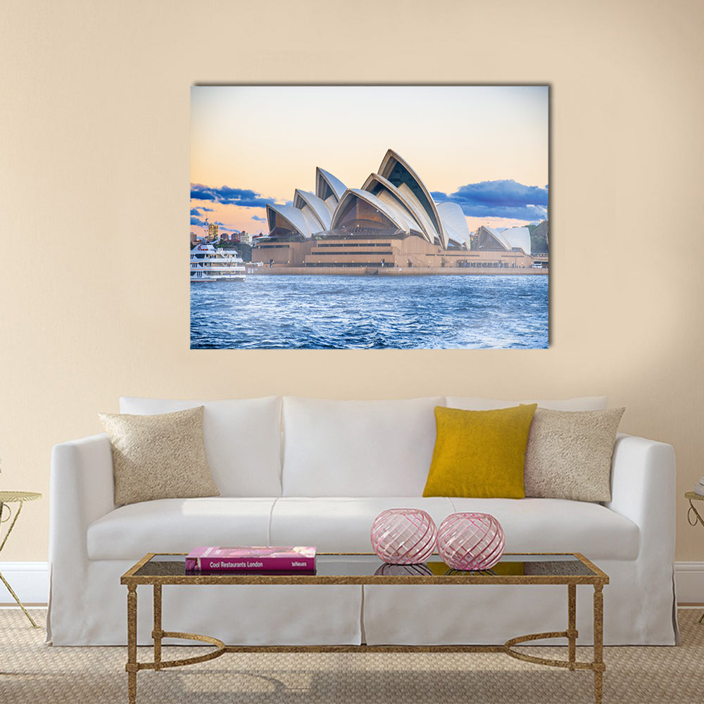 Sydney Opera House at Sunset Canvas Wall Art in beige, orange and blue, single panel hung on a wall