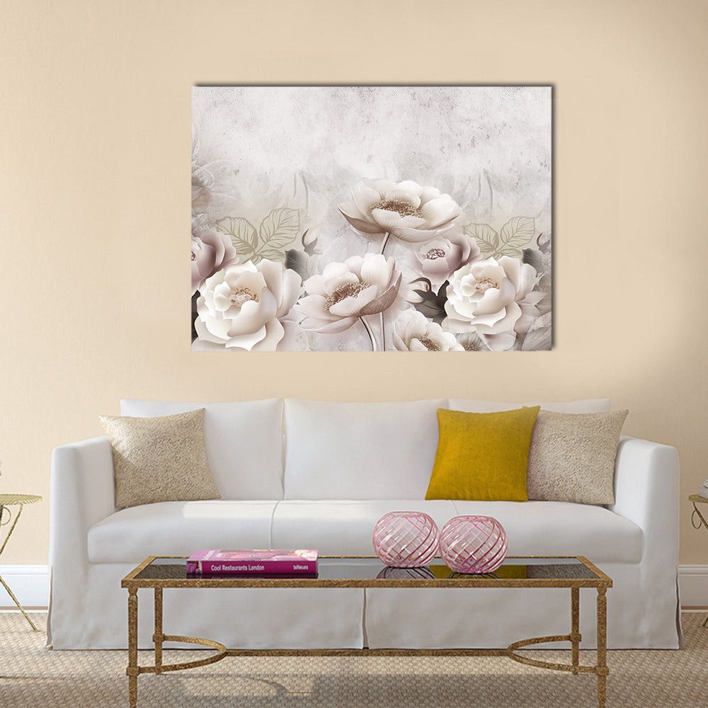 Layered Peonies and Roses with Gold Outlines Canvas Wall Art in white, beige and pink, single panel hung on a wall