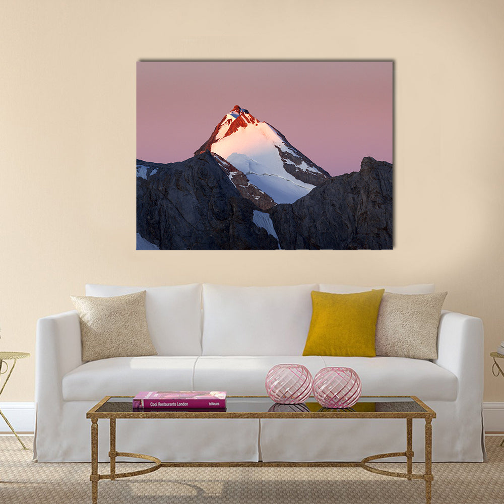 View From Chimtarga To Fan Mountains Tajikistan Canvas Wall Art in white, gray and pink, single panel hung on a wall