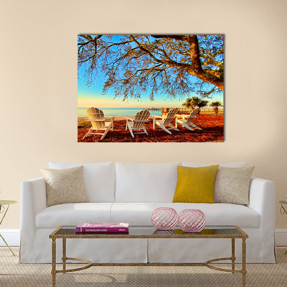 Four White Adirondack Chairs at Sunset Canvas Wall Art