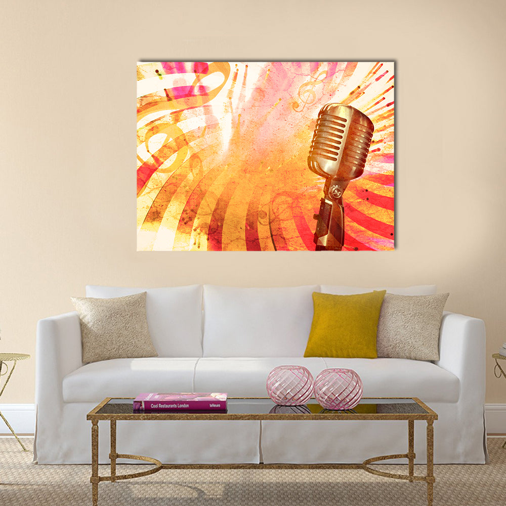 Retro Microphone with Musical Notes Canvas Wall Art in gold, red and yellow, single panel hung on a wall