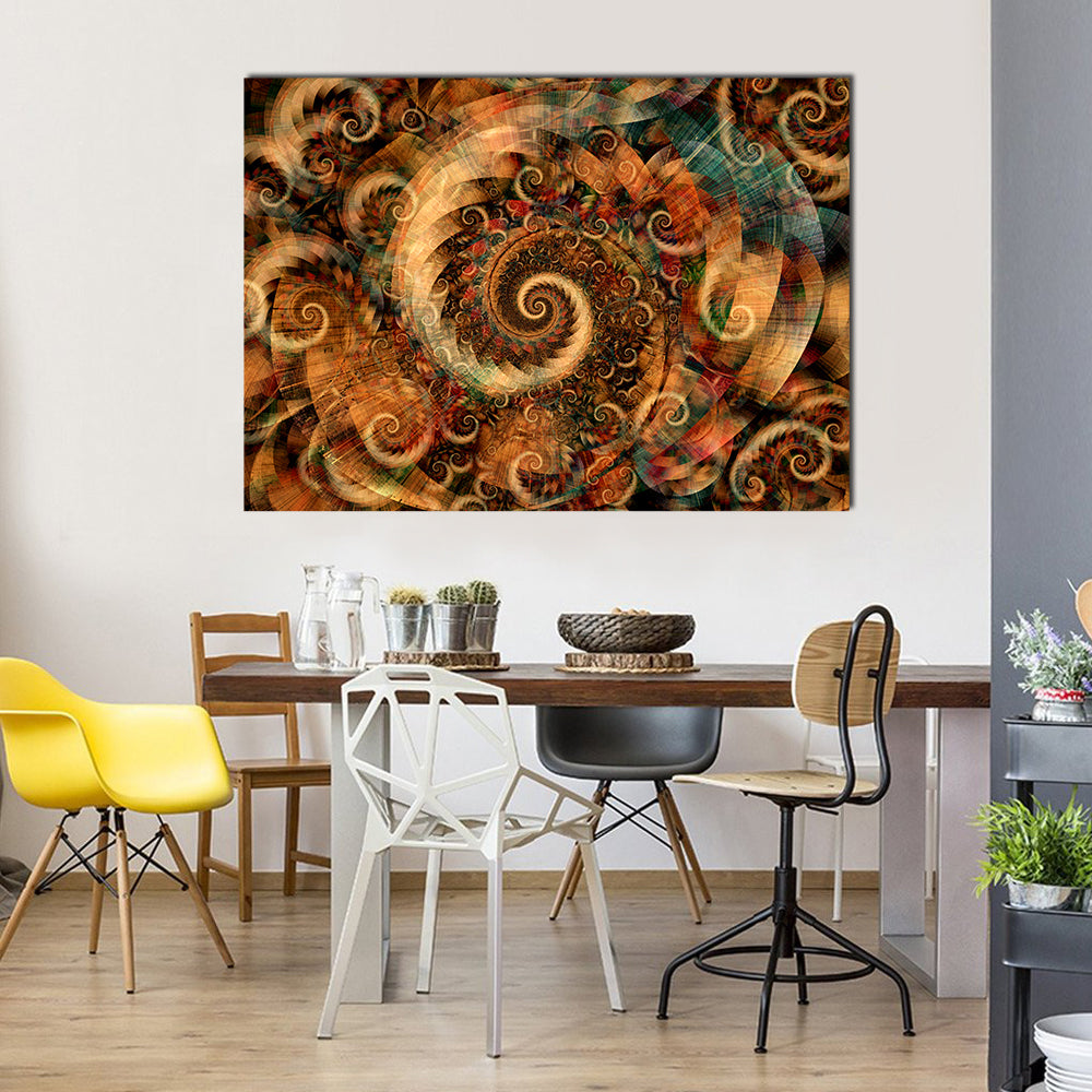 Fractal Spiral Swirls in Warm Earth Tones Canvas Wall Art in brown, gold and orange, single panel hung on a wall
