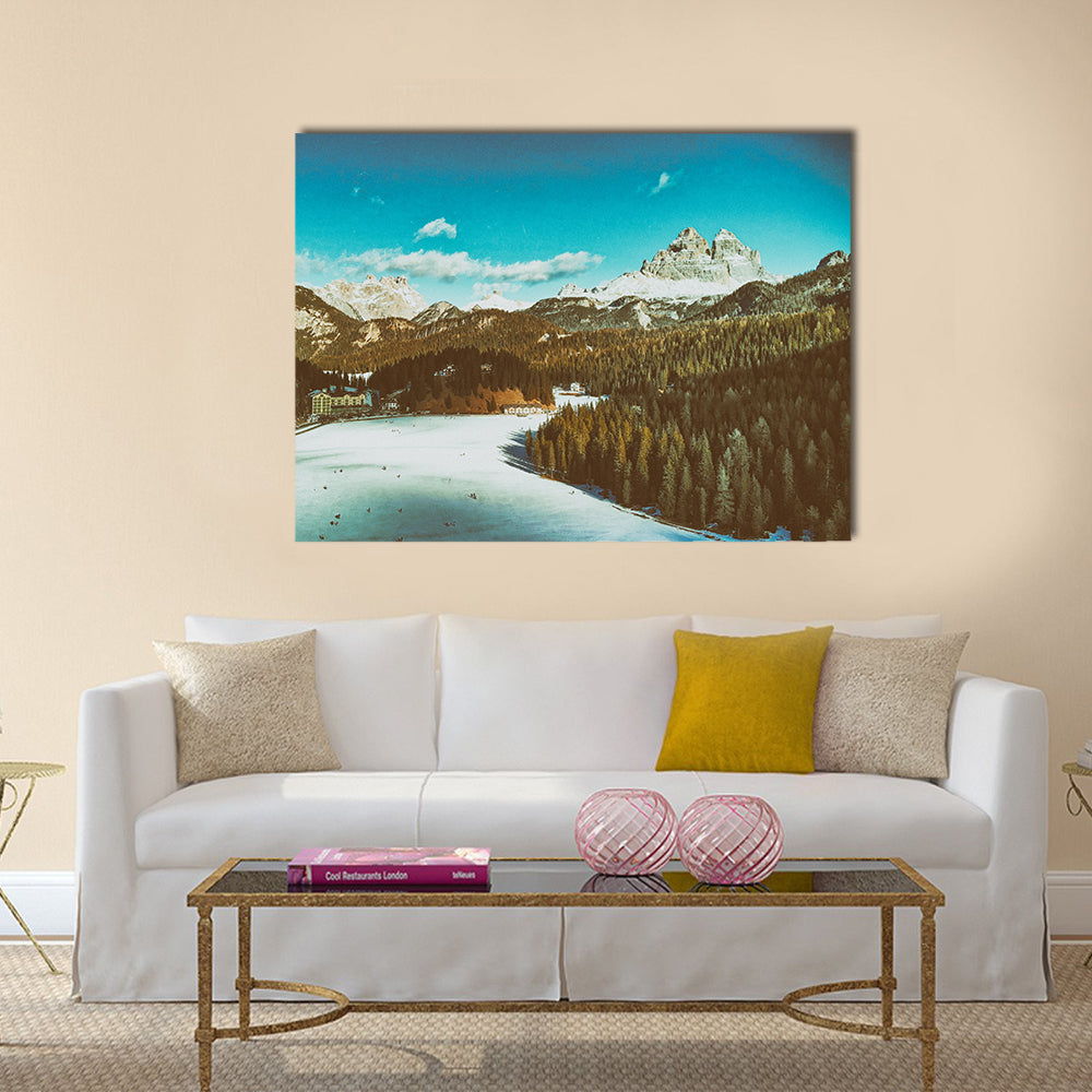 Italian Dolomites in Winter Canvas Wall Art in white, brown and blue, single panel hung on a wall