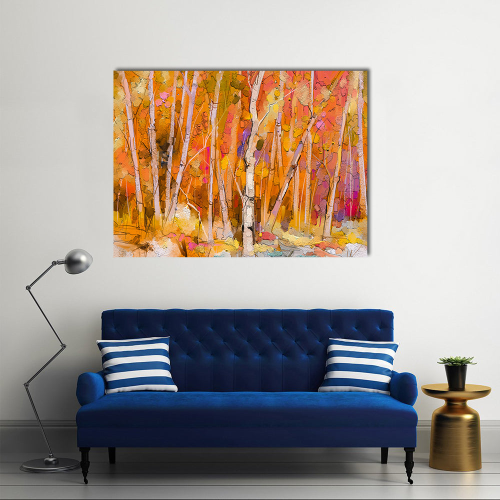 Colorful Aspen Trees Canvas Wall Art in orange, yellow and pink, single panel hung on a wall