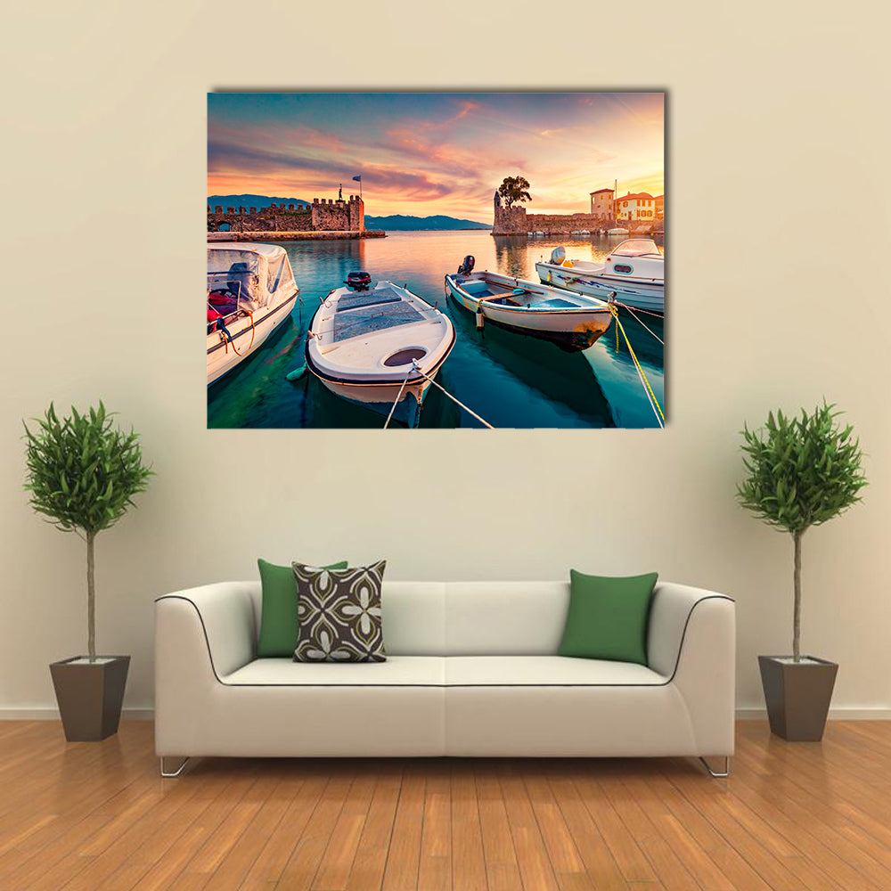 Gulf Of Corinth In Greece Canvas Wall Art in orange, yellow and blue, single panel hung on a wall