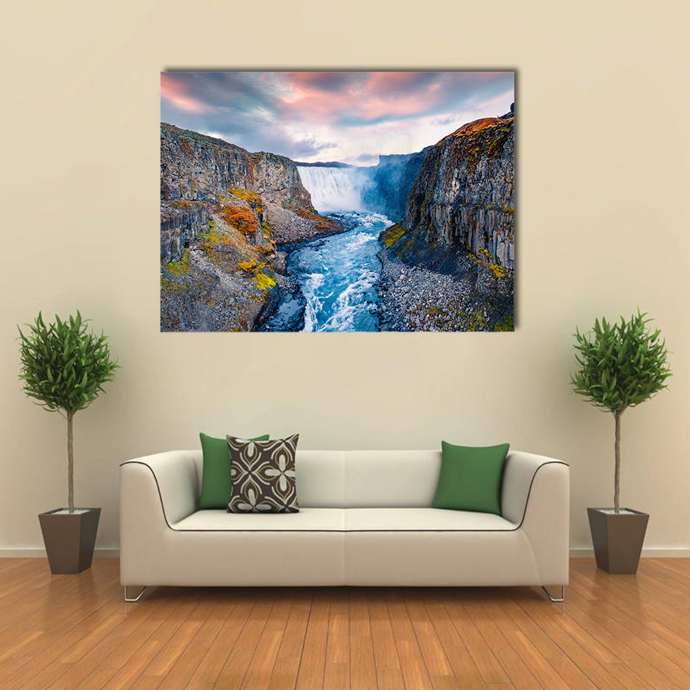 Dettifoss Waterfall In Iceland Canvas Wall Art in gray, brown and blue, single panel hung on a wall